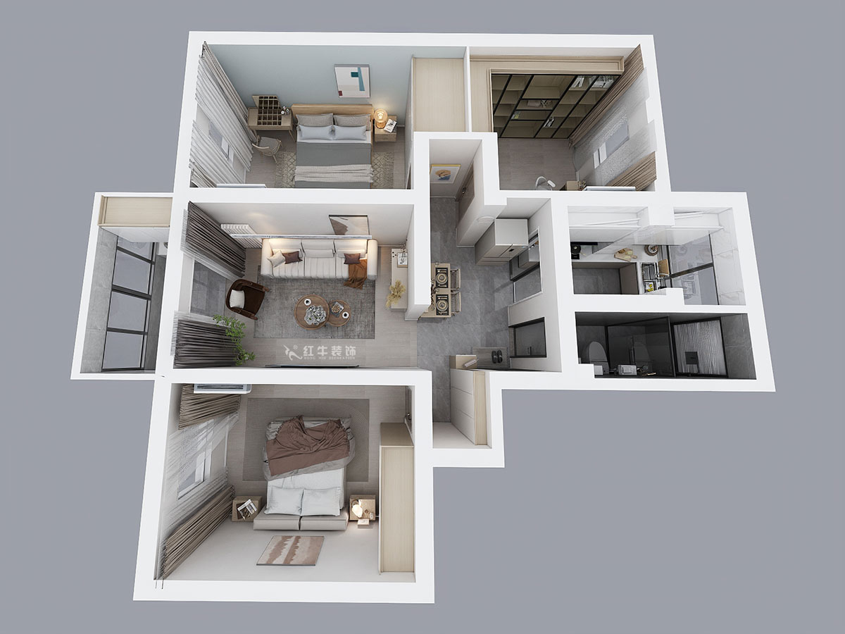 魏明花｜五条巷3号502室-98㎡-现代简约风格｜3室2厅1卫｜二手房装修｜定制家￥135762｜全包13万｜00_04鸟瞰图